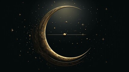 The golden crescent moon and stars create a mystical and elegant nighttime scene.
