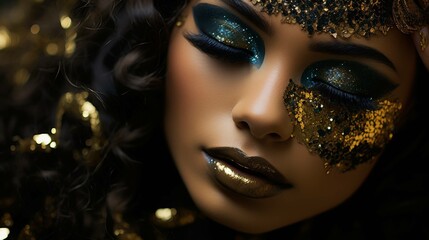 A woman is seen with striking gold glitter makeup, capturing beauty and elegance.