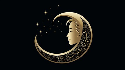The golden moon cradles a woman's face, adorned with stars, on a night sky background.