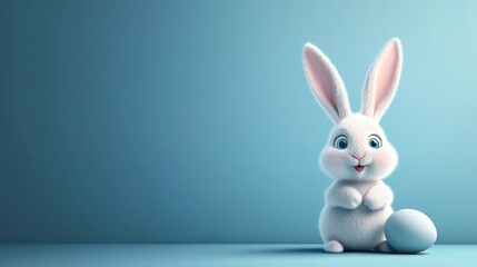 Obraz premium Cute cartoon Easter bunny with blue egg on blue background.
