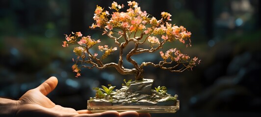A bonsai , a small creature made of glass that is sitting in the palm of your hand,ai generative