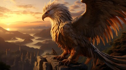A stunning griffin watches over a dramatic sunset in a fantasy landscape setting.
