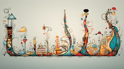 Colorful abstract architectural illustration with whimsical decorative elements and vibrant lines.