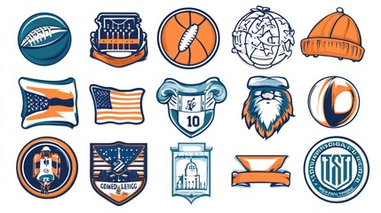 Collection of diverse sports, collegiate, and winter-themed badges and icons in teal and orange.