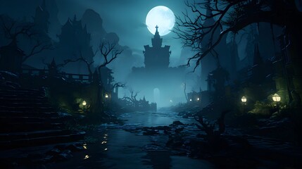 A gothic castle at night with a full moon creates a spooky atmosphere in this fantasy artwork.