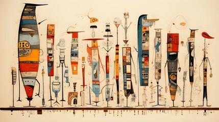 A whimsical and colorful illustration of abstract totem-like figures