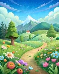 Naklejka premium A winding path leads through a vibrant meadow to a quaint house nestled near a snowcapped mountain