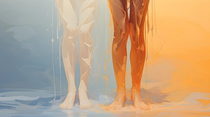 Artistic representation of legs, water, and color contrast, in an abstract style.