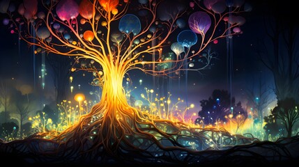 Magical glowing tree in a mystical night forest with colorful orbs.