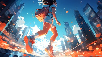 A woman walks through the city with a backpack, enjoying a sunny day and urban vibes.