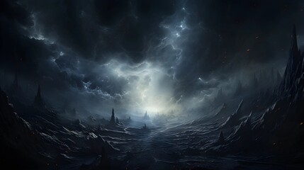 Dark and stormy landscape with jagged peaks and a glowing light in the sky.
