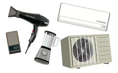 Flat vector set of household electronic devices including air conditioner, hair dryer, digital scale, and blender. Clean, minimal design for modern lifestyle content.