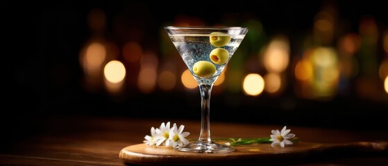 The elegant martini served with olives on a wooden table background.