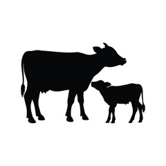 Black Silhouette of a Cow and Calf on a White Background