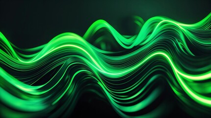 Vibrant neon green light waves flowing dynamically over a dark background.