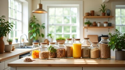 Natural Light Modern Kitchen Pantry – Glass Jars with Grains, Cereals, and Pulses