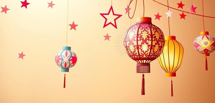 Cream background, vibrant paper-cut lanterns & stars hang festively,  hanging,  diwali - Powered by Adobe