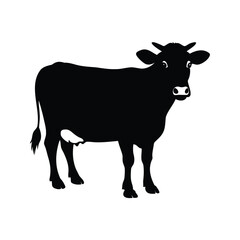 Black silhouette of a curious looking cow standing on a white background