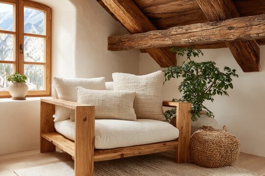 Fototapeta rustic living room with large window and exposed wood beams