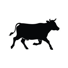 Black silhouette of a cow running against a plain white background