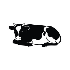 Black and white illustration of a dairy cow lying down resting
