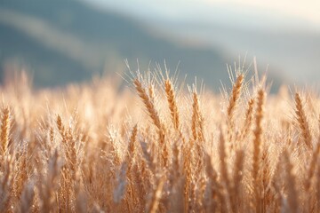 Obraz premium close-up of golden wheat stalks glistening after morning dew in field soft sunlight illuminating intricate grains