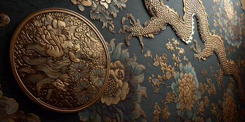 Embossed Dragon Motif: Capturing the artistry of classical oriental design, a close-up showcases an elegant embossed dragon motif in metallic gold and subtle shades of grey.