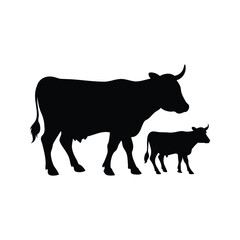 Black Silhouette of a Cow with Calf on a White Background