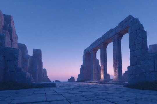 mystic desert ruins at twilight with carved pillars and open stone plaza
