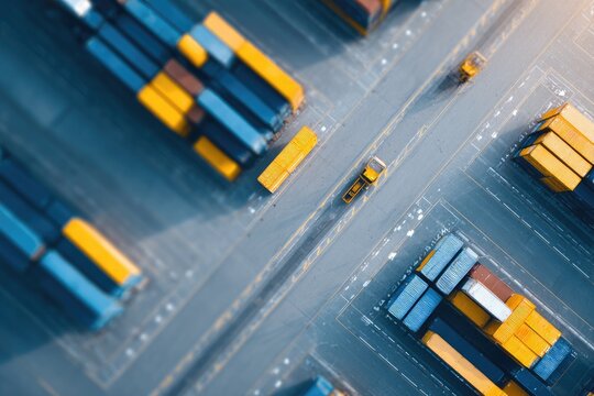 drone-view overhead of efficient warehouse picking zone shelves and order pickers visible in grid layout