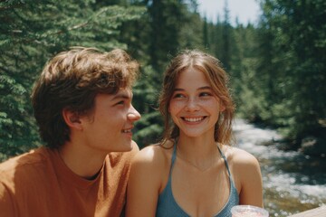 portrait of couple resting with fruit sorbet by forest stream on wooden log