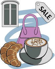 Fashion Bag, Cup of Coffee and Croissant. 