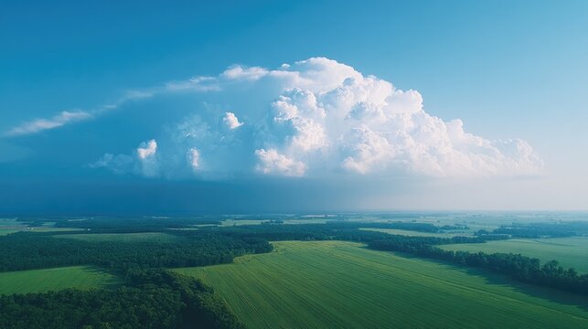drone-style capture above dramatic cumulonimbus structure hovering over farmland