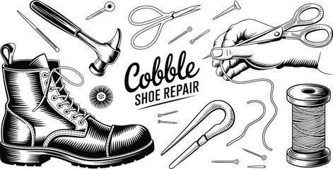 Black and white cobbler shoe repair illustration with tools, boot, scissors, needle, thread, hammer, perfect for vintage branding