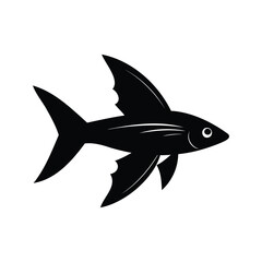 Elegant stylized black flying fish with large fins on a white background