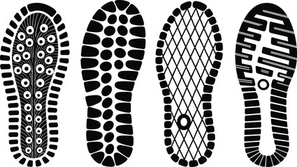 Black and white illustration of four different sneaker sole tread patterns, perfect for shoe design, iconography, branding, or print use