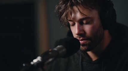 A musician recording a podcast from his home studio with acoustic friendly lighting