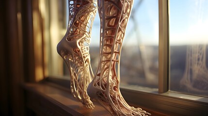 Anatomy art showcasing the intricate details of the human legs, near a window.