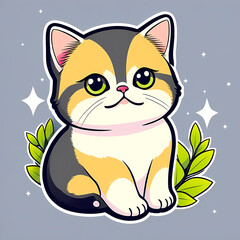 Obraz premium cute cartoon sticker art design of an adorable shorthair cat kitten - black, orange, and white calico kitty
