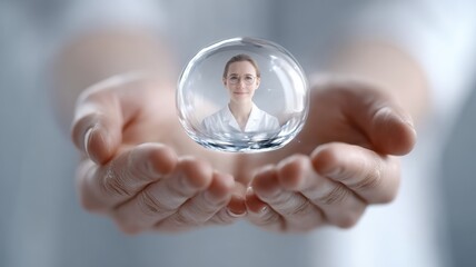 customer service support personalization. A person inside a bubble held in hands, symbolizing protection and care.