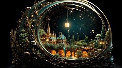 A captivating diorama showcasing a fairytale castle at night, framed within an ornate, golden structure.