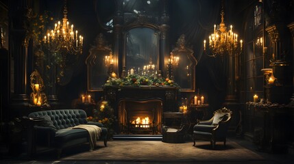 An opulent, dimly lit room, adorned with gold chandeliers, ornate mirrors, and a cozy fireplace, evokes a sense of luxury and warmth.