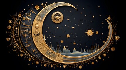 A beautiful gold crescent moon with ornate details against a dark starry sky, evoking a sense of mystery and celestial wonder.