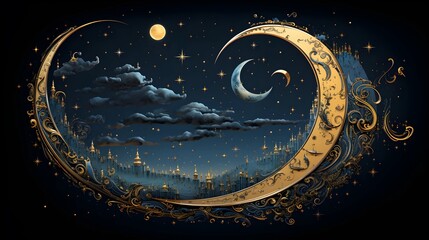 An enchanting nightscape featuring a stylized crescent moon, a celestial city, and a star-filled sky with clouds.