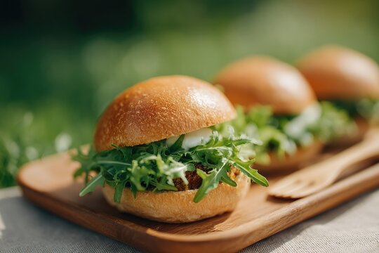 flat-lay of vegan mushroom burger sliders leafy salad and reusable utensils on picnic mat - Powered by Adobe