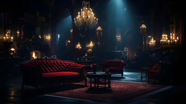 A luxurious gothic interior with red furniture, chandeliers, and dramatic lighting creates an atmosphere of mystery and elegance. A vintage living room.
