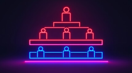 Symbolize of organization chart. Neon illustration of a hierarchical organizational structure.