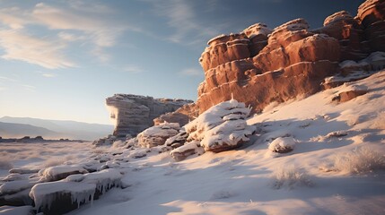 A stunning winter landscape showcases snow-covered mesas basking in the warm glow of the setting sun under a clear, blue sky.