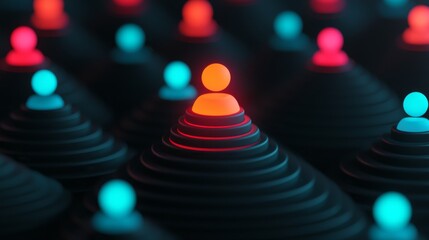 Symbolize of organization chart. Colorful abstract shapes resembling people on a dark background.