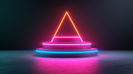 Symbolize of organization chart. Neon triangle and circular platform on a dark background.